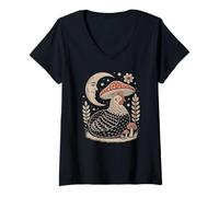 Women's Cute Cottagecore Hen Sleeping Beneath A Wild Toadstool V-Neck T-Shirt