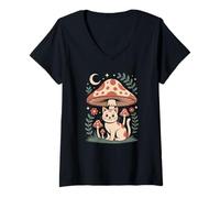Women's Cute Cottagecore Kitten Exploring Magical Wild Mushrooms V-Neck T-Shirt