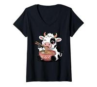 Womens Cute Cow Eating Ramen Japanese Kawaii Animal Noodles V-Neck T-Shirt