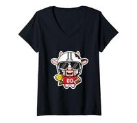 Women's Cute Cow Playing Football Funny Game Day Team Fan V-Neck T-Shirt