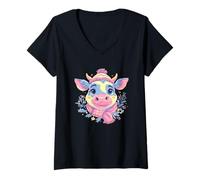 Women's Cute Cow Winter Farm Animal Lover Portrait Graphic Pastel V-Neck T-Shirt