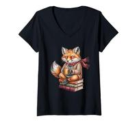 Women's Cute Cozy Fox Reading Books Autumn Coffee V-Neck T-Shirt