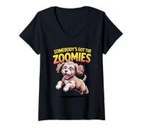 Women's Cute Crazy Cartoon Pup Fast Sprinting Crossbreed Cockapoo V-Neck T-Shirt