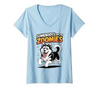 Women's Cute Crazy Fast Sprinting Dog Cartoon Winter Siberian Husky V-Neck T-Shirt