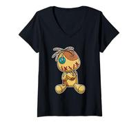 Womens Cute Creepy Voodoo Doll Button Eye Stitch Plush Graphic V-Neck T-Shirt