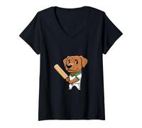 Women's Cute Cricket Dog Batter Cartoon Puppy Cricketer V-Neck T-Shirt