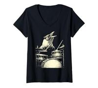 Womens Cute Crow Playing Drums Funny Music Animal Drummer Graphic V-Neck T-Shirt
