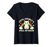 Women's Cute Cuddly & Full of Rage Rainbow Cat V-Neck T-Shirt
