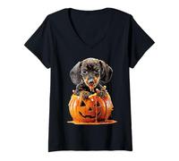 Womens Cute Dachshund Dripping Pumpkin Candy Corn Halloween Dog Pup V-Neck T-Shirt