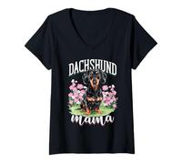 Women's Cute Dachshund Mama Dog Lover Floral Style V-Neck T-Shirt