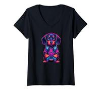 Womens Cute Dachshund Playing Video Games Gamer Gaming V-Neck T-Shirt