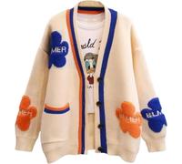 Women's Cute Daisy Floral Embroidery Cable Knit Cardigan Slouchy Button Down Jacquard Sweater (Apricot,S)
