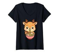 Women's Cute Deer Eating Ramen Kawaii Food Lover Art V-Neck T-Shirt