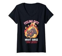 Womens Cute Demon Cat Curse Occult Witchcore Funny V-Neck T-Shirt
