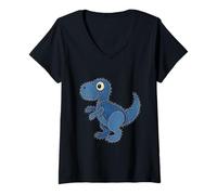 Womens Cute Dinosaur Cartoon Denim Patchwork Patch Art V-Neck T-Shirt