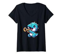 Womens Cute Dinosaur Playing Trumpet Cartoon Design V-Neck T-Shirt