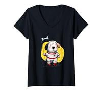 Women's Cute Dog Astronaut Space Explorer Bone Flag Design V-Neck T-Shirt