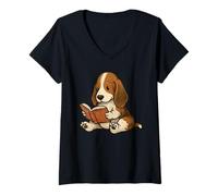 Women's Cute Dog Basset Hound Reading Book V-Neck T-Shirt