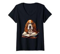 Women's Cute Dog Basset Hound Reading Book V-Neck T-Shirt