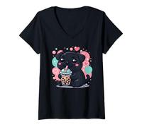 Womens Cute Dog Black Pug Bubble Boba Tea V-Neck T-Shirt