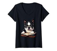 Women's Cute Dog Boston Terrier Reading Book V-Neck T-Shirt