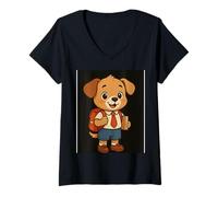 Womens Cute Dog Cartoon Schoolboy Backpack Book V-Neck T-Shirt