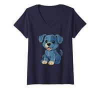 Womens Cute Dog Cartoon Vintage Denim Patchwork Denim Patch Art V-Neck T-Shirt