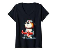 Women's Cute Dog Pilot with Red Airplane Aviator Puppy V-Neck T-Shirt