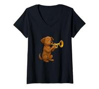 Womens Cute Dog Playing Trumpet, Funny Dog Trumpet V-Neck T-Shirt