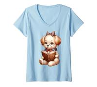 Women's Cute Dog with Glasses Reading a Book V-Neck T-Shirt