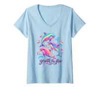 Women's Cute Dolphin Ocean Flow Positive Vibes Motivational Design V-Neck T-Shirt