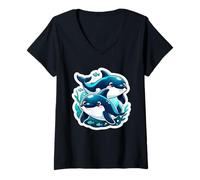 Women's Cute Dolphin Pair Underwater Illustration V-Neck T-Shirt