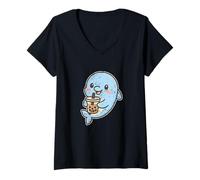 Womens Cute Dolphin with Bubble Tea V-Neck T-Shirt