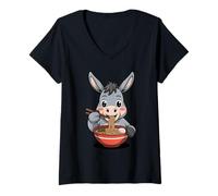 Womens Cute Donkey Eating Ramen Japanese Kawaii Farm Noodles V-Neck T-Shirt