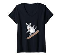 Womens Cute Donkey On Snowboard Cartoon Winter Fun V-Neck T-Shirt