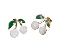 Women's Cute Double Cherry Stud Earrings - Stainless Steel Multi-Color Fruit Jewelry with Green Leaf, Fashion Pierced Ear Accessories for Daily Wear & Gifts, M, Acrylic, No Gemstone