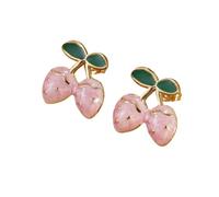Women's Cute Double Strawberry Stud Earrings - Stainless Steel Multi-Color Fruit Jewelry with Gold Accents & Green Leaf, Fashion Pierced Ear Accessories, M, Acrylic, No Gemstone