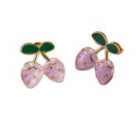 Women's Cute Double Strawberry Stud Earrings - Stainless Steel Multi-Color Fruit Jewelry with Gold Accents & Green Leaf, Fashion Pierced Ear Accessories, M, Acrylic, No Gemstone