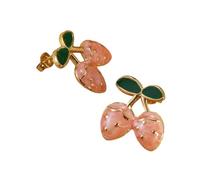 Women's Cute Double Strawberry Stud Earrings - Stainless Steel Multi-Color Fruit Jewelry with Gold Accents & Green Leaf, Fashion Pierced Ear Accessories, M, Acrylic, No Gemstone