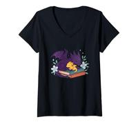 Womens Cute Dragon Fantasy Books Cozy Magical Reading Bookworm Book V-Neck T-Shirt