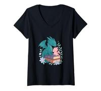 Womens Cute Dragon Fantasy Books Cozy Magical Reading Bookworm Book V-Neck T-Shirt