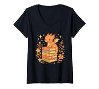 Womens Cute Dragon on Book Stack with Autumn Magic Fantasy V-Neck T-Shirt