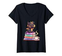 Womens Cute Dragon Reading Coffee Lover Stay Weird Bookworm V-Neck T-Shirt