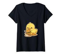 Women's Cute Duck Dipping Burger Cartoon V-Neck T-Shirt