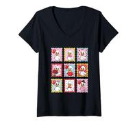 Women's Cute Duck Valentine Stamp Hearts Pink Duckling Valentine's V-Neck T-Shirt