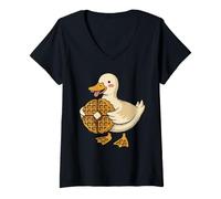 Women's Cute Duck Waffle Cartoon Farm Breakfast Snack Lover V-Neck T-Shirt