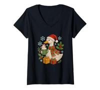 Womens Cute Duck with Cocoa and Presents Winter Funs Design V-Neck T-Shirt