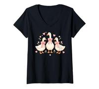Women's Cute Duck with Pink Bows Whimsical Art V-Neck T-Shirt