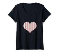 Women's Cute Dusty Rose Pink Cream Classic Vertical Stripe Pattern V-Neck T-Shirt