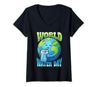 Women's Cute Earth Drinking Water World Water Day Conservation V-Neck T-Shirt